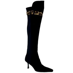 STUART WEITZMAN BLACK SUEDE KNEE HIGH STILETTO LEOPARD BOOTS VINTAGE Y2K 90s